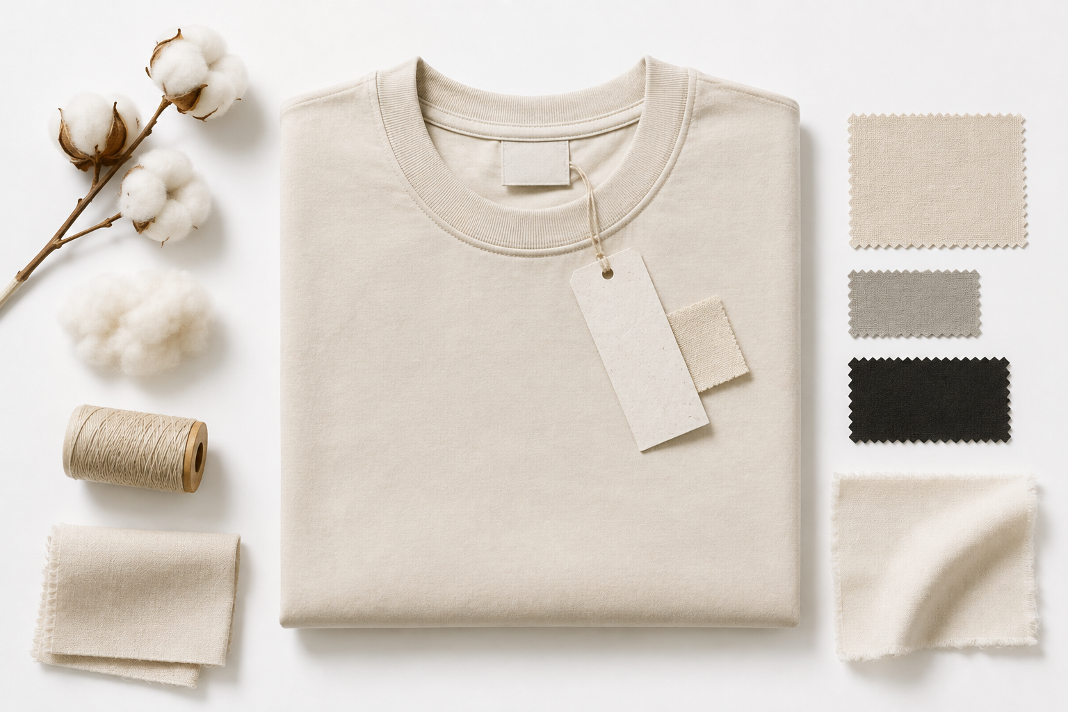 T-shirt premium en coton biologique avec échantillons de tissus, fibres naturelles et étiquette textile illustrant les certifications de qualité.
